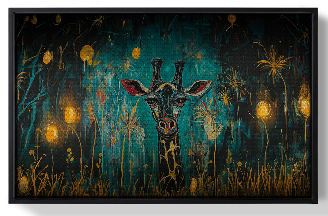 Framed Giraffe Teal Night African American canvas print for home decor