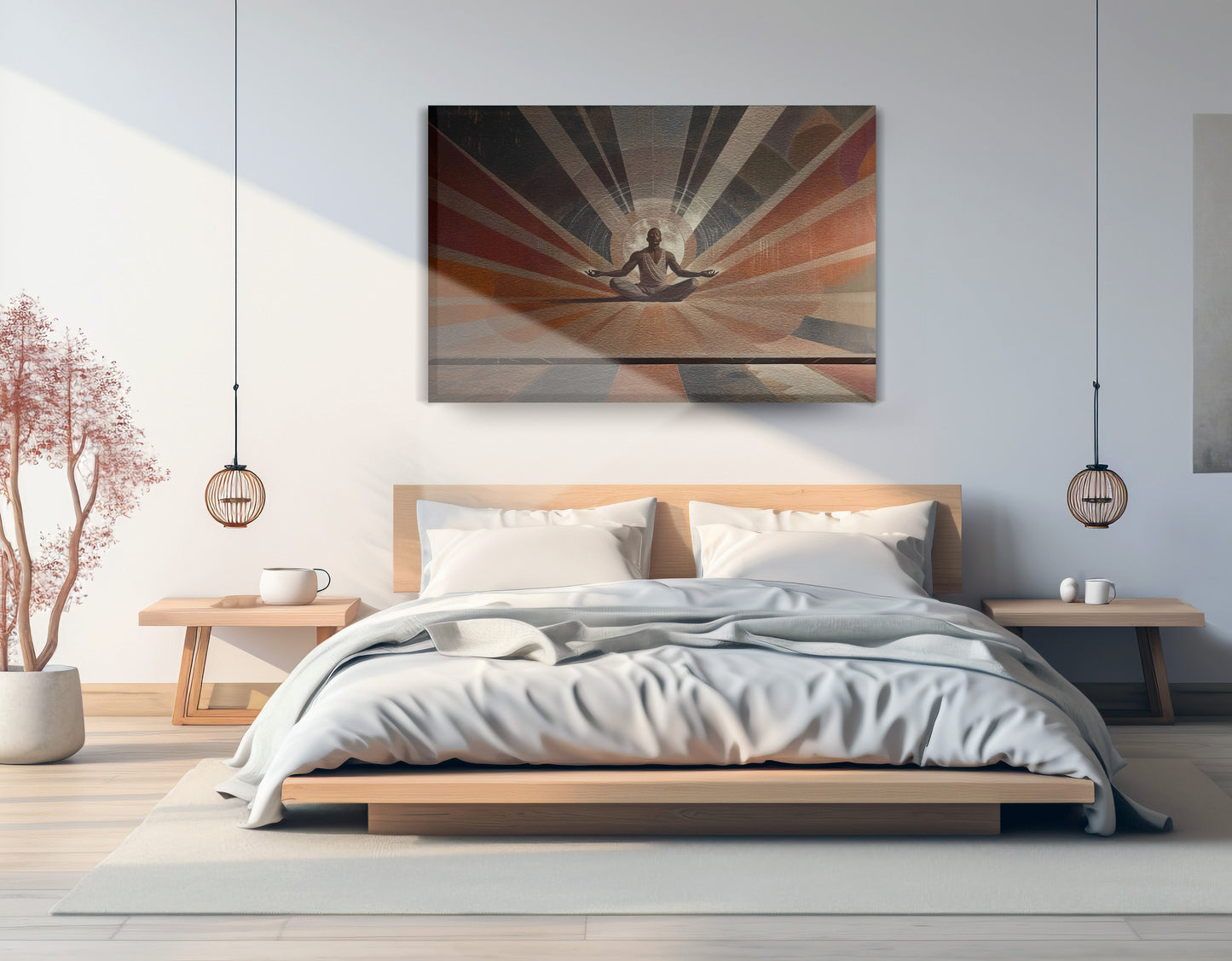 Black Woman Meditation Sun Rays African American wall art displayed as bedroom wall decor