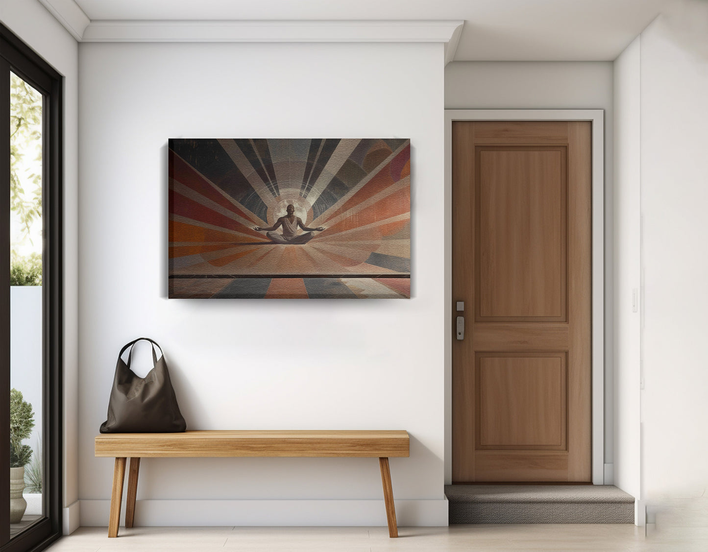 Black Woman Meditation Sun Rays African American wall art displayed as entryway wall decor