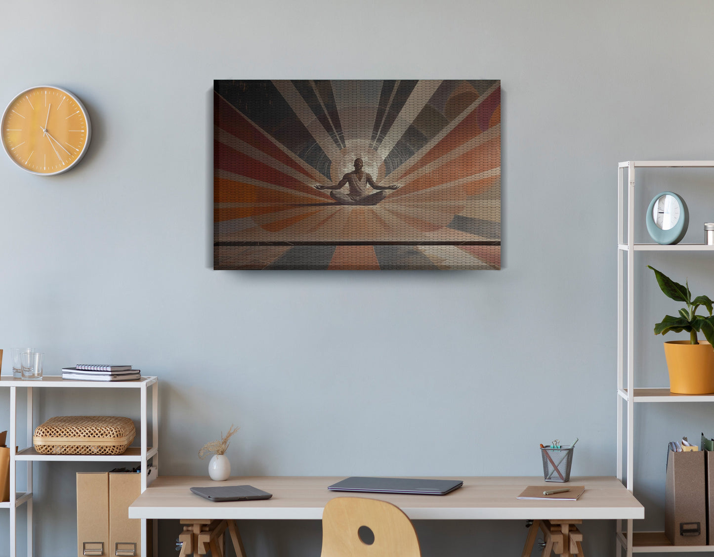 Black Woman Meditation Sun Rays African American wall art displayed as office wall decor