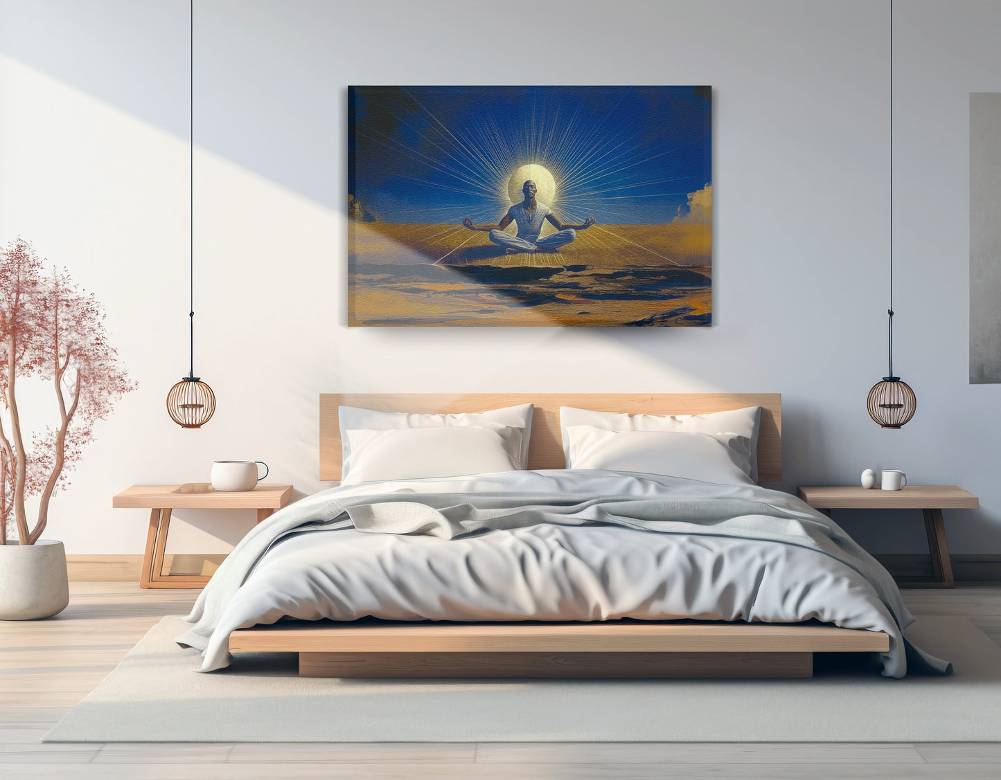 Black Woman Desert Meditation African American wall art displayed as bedroom wall decor