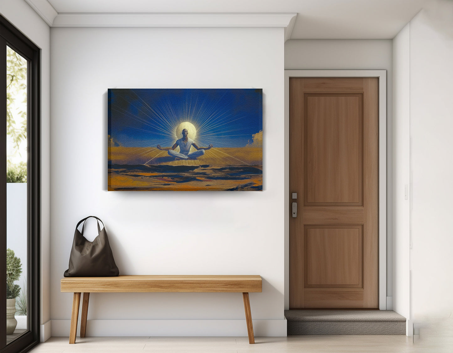 Black Woman Desert Meditation African American wall art displayed as entryway wall decor
