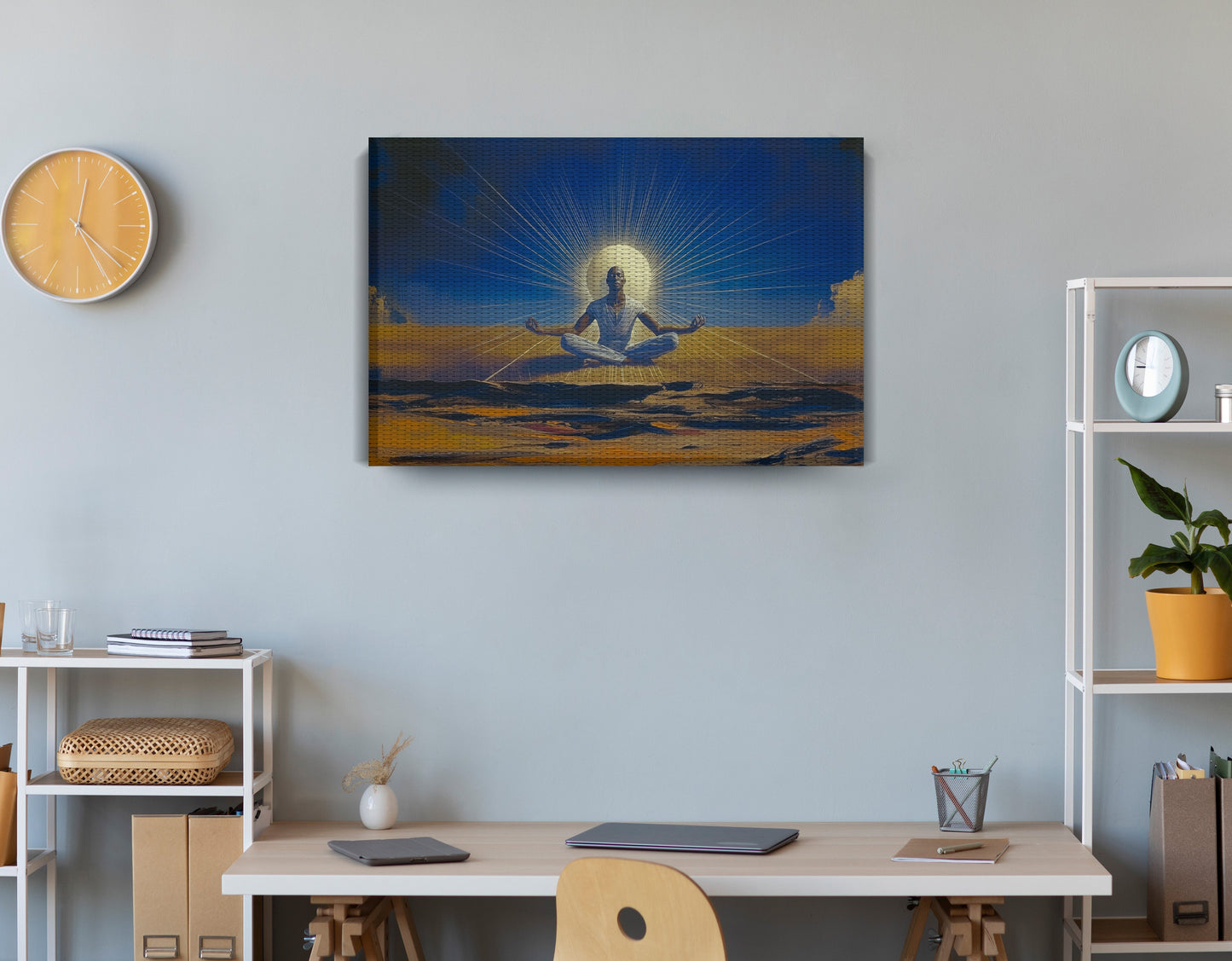 Black Woman Desert Meditation African American wall art displayed as office wall decor