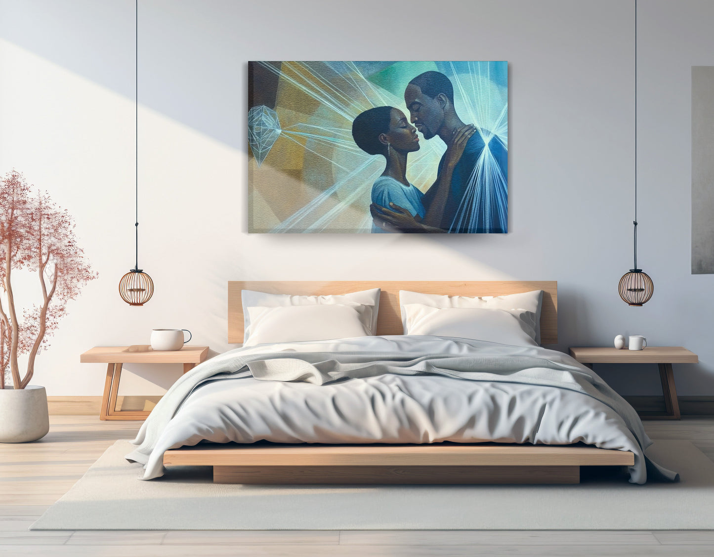Black Couple Embrace Black love wall art displayed as bedroom wall decor
