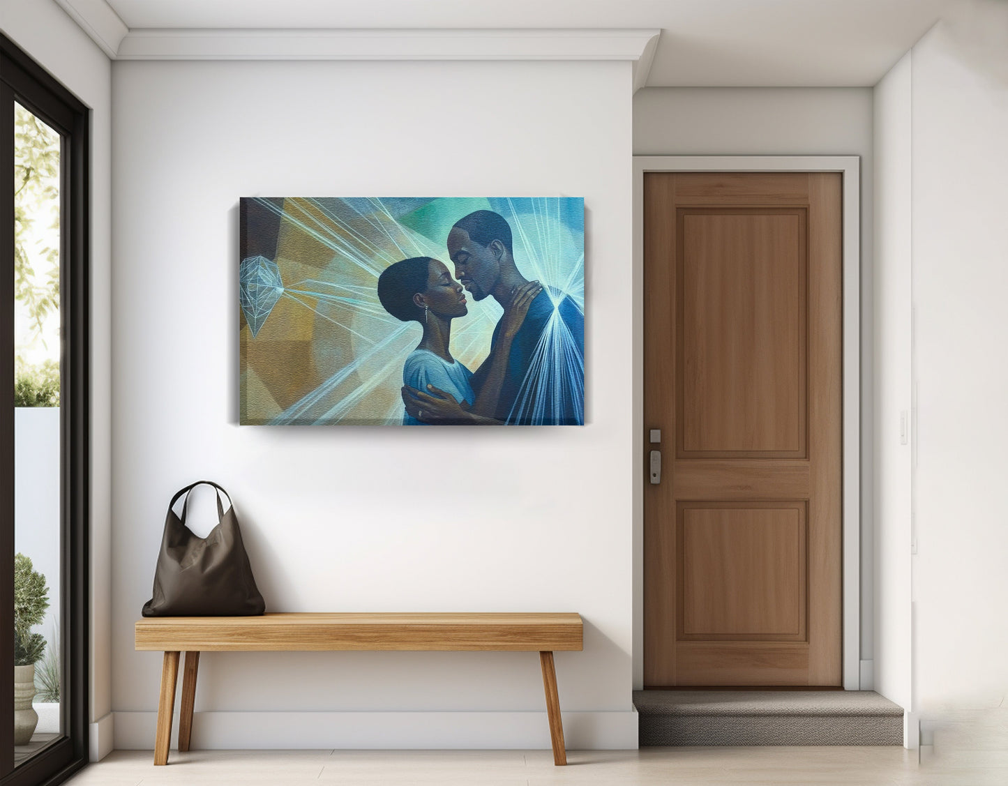 Black Couple Embrace Black love wall art displayed as entryway wall decor