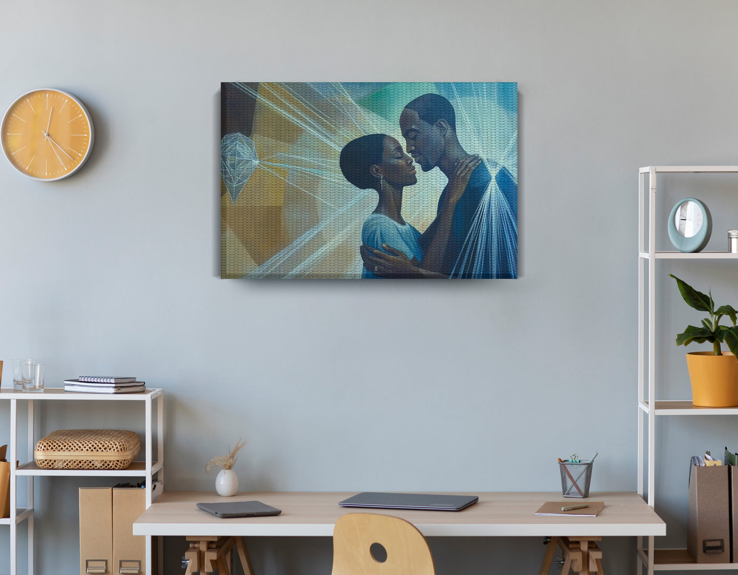 Black Couple Embrace Black love wall art displayed as office wall decor
