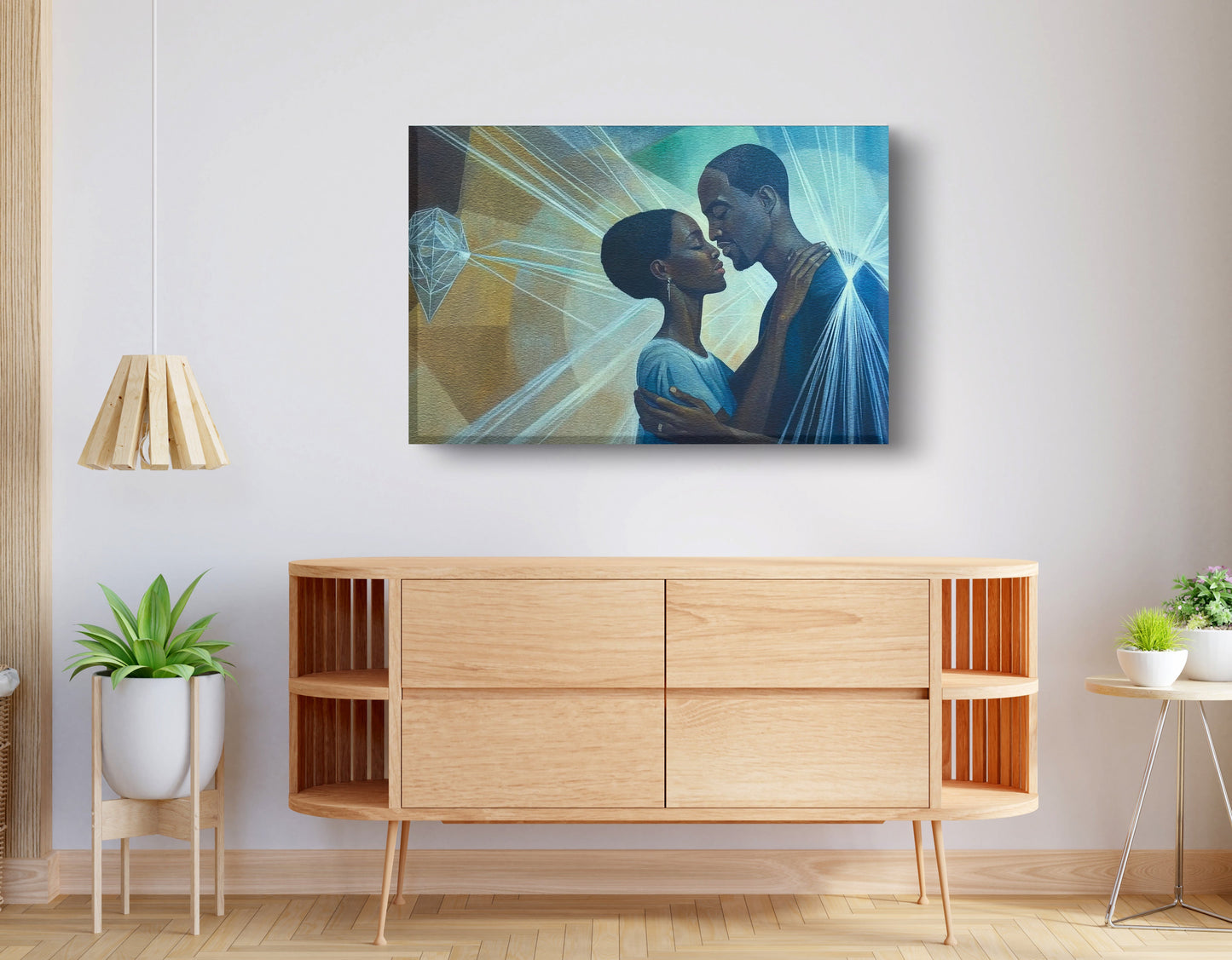 Black Couple Embrace Black love wall art displayed as living room wall decor