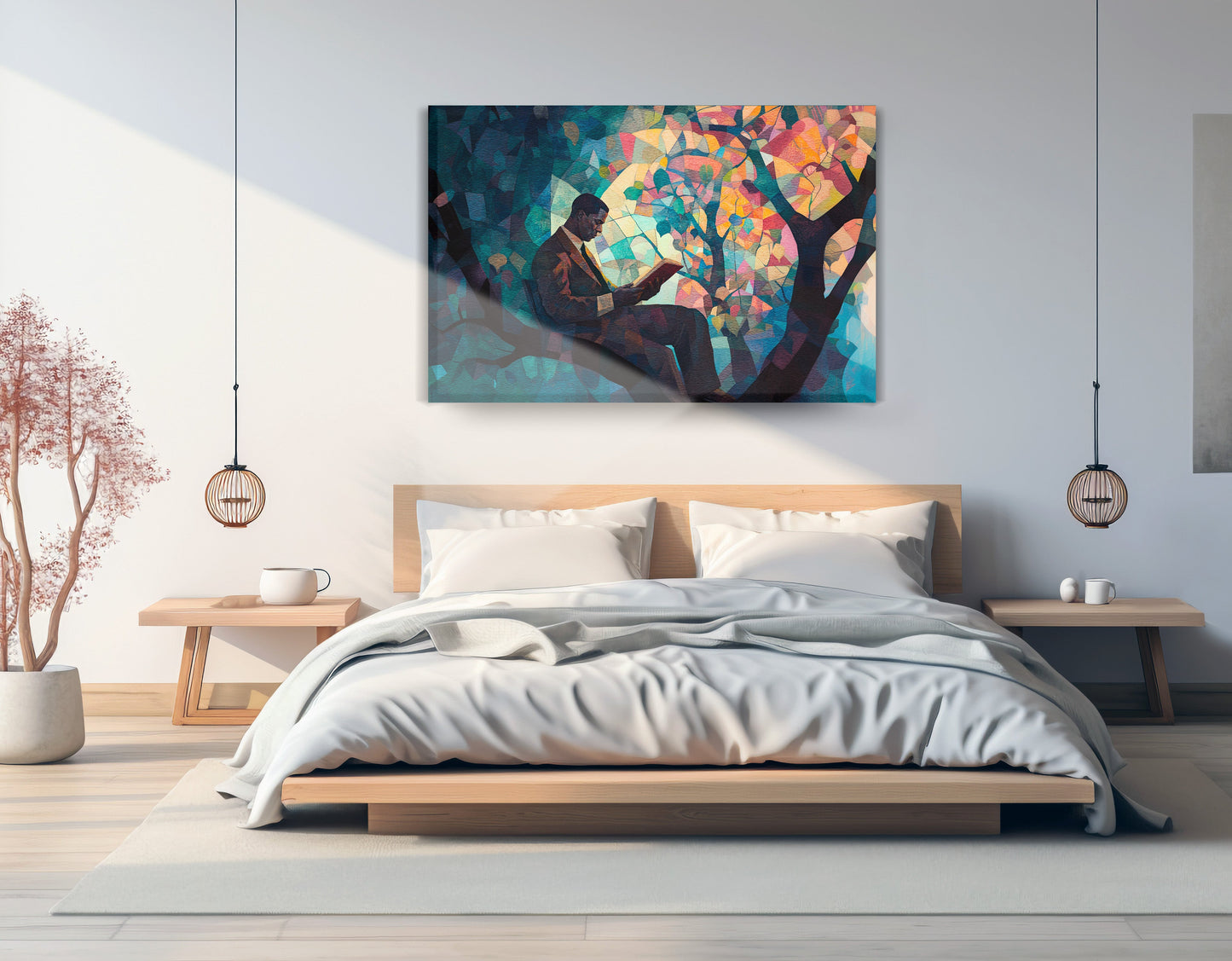 Black Man Reading Tree African American wall art displayed as bedroom wall decor