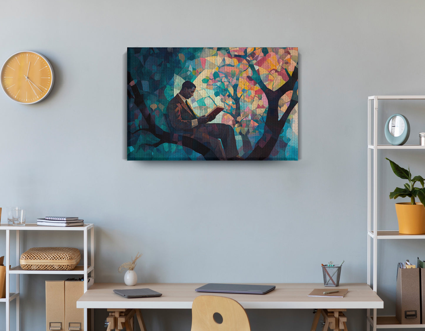 Black Man Reading Tree African American wall art displayed as office wall decor