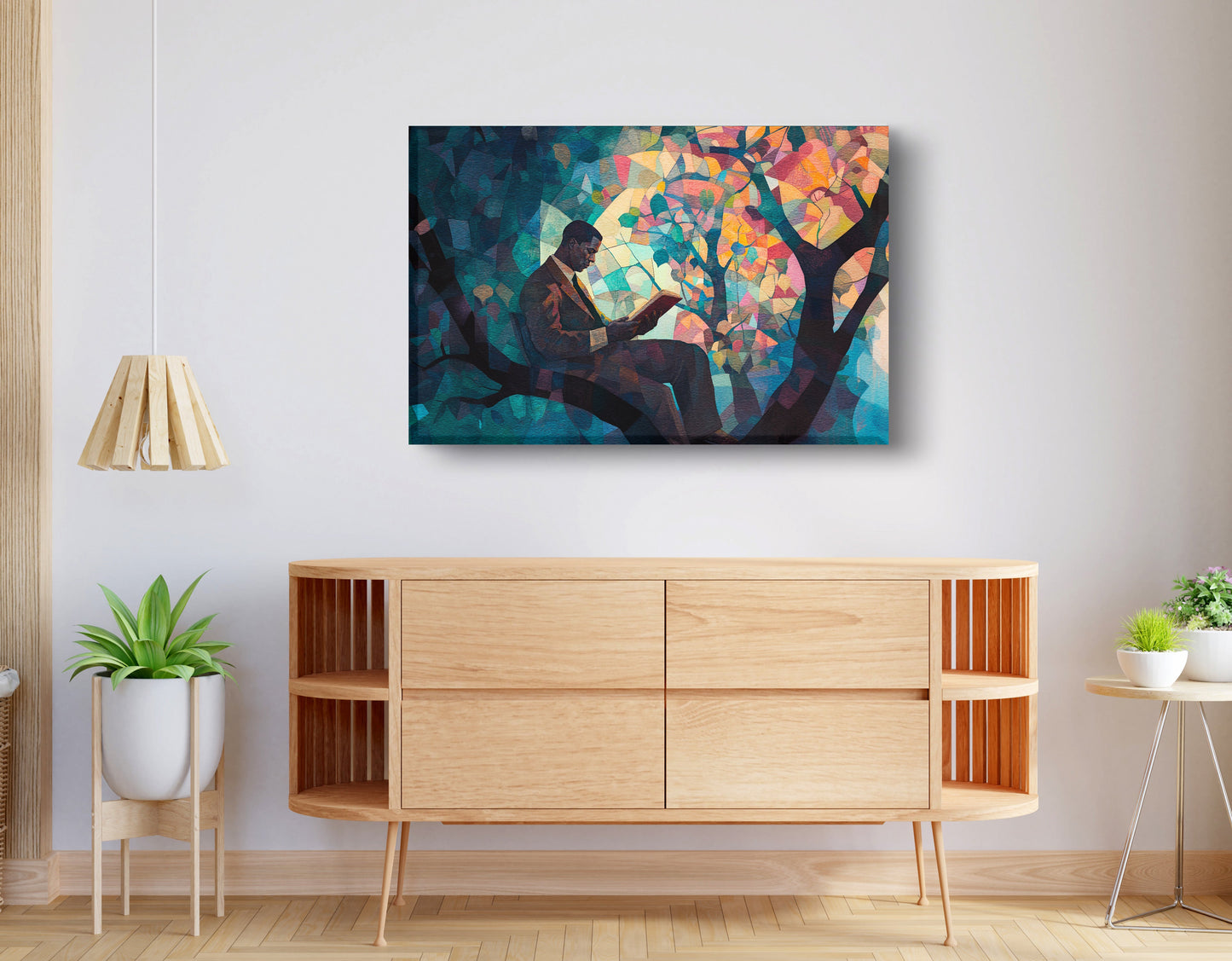 Black Man Reading Tree African American wall art displayed as living room wall decor