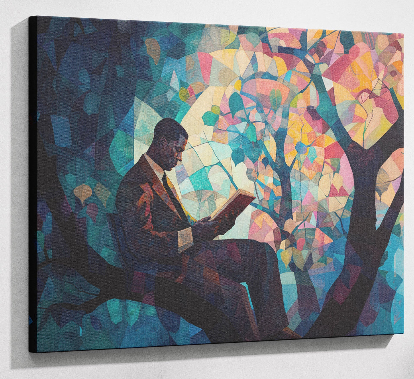 Black Man Reading Tree African American wall art canvas print with visible wall art format