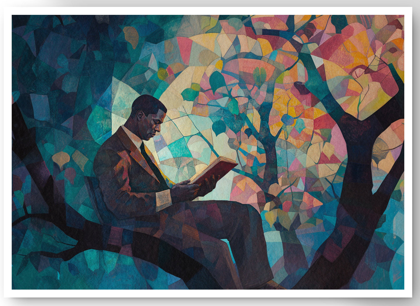 Black Man Reading Tree African American wall art canvas print by MoomZee Artwork