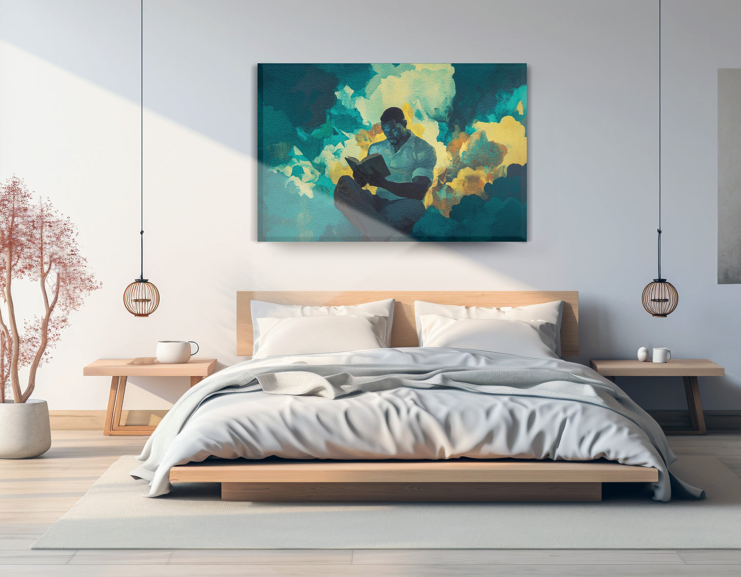 Black Man Reading Cloudscape African American wall art displayed as bedroom wall decor