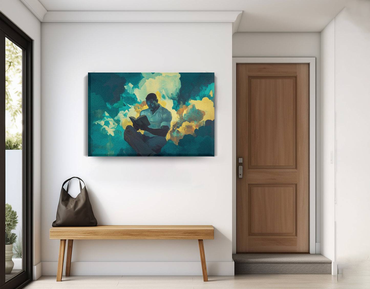Black Man Reading Cloudscape African American wall art displayed as entryway wall decor