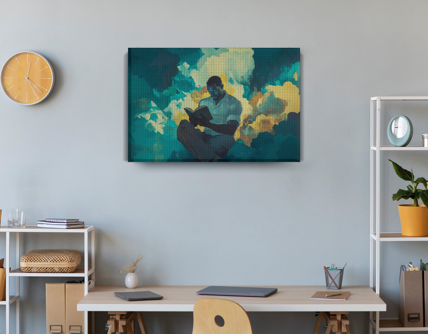 Black Man Reading Cloudscape African American wall art displayed as office wall decor