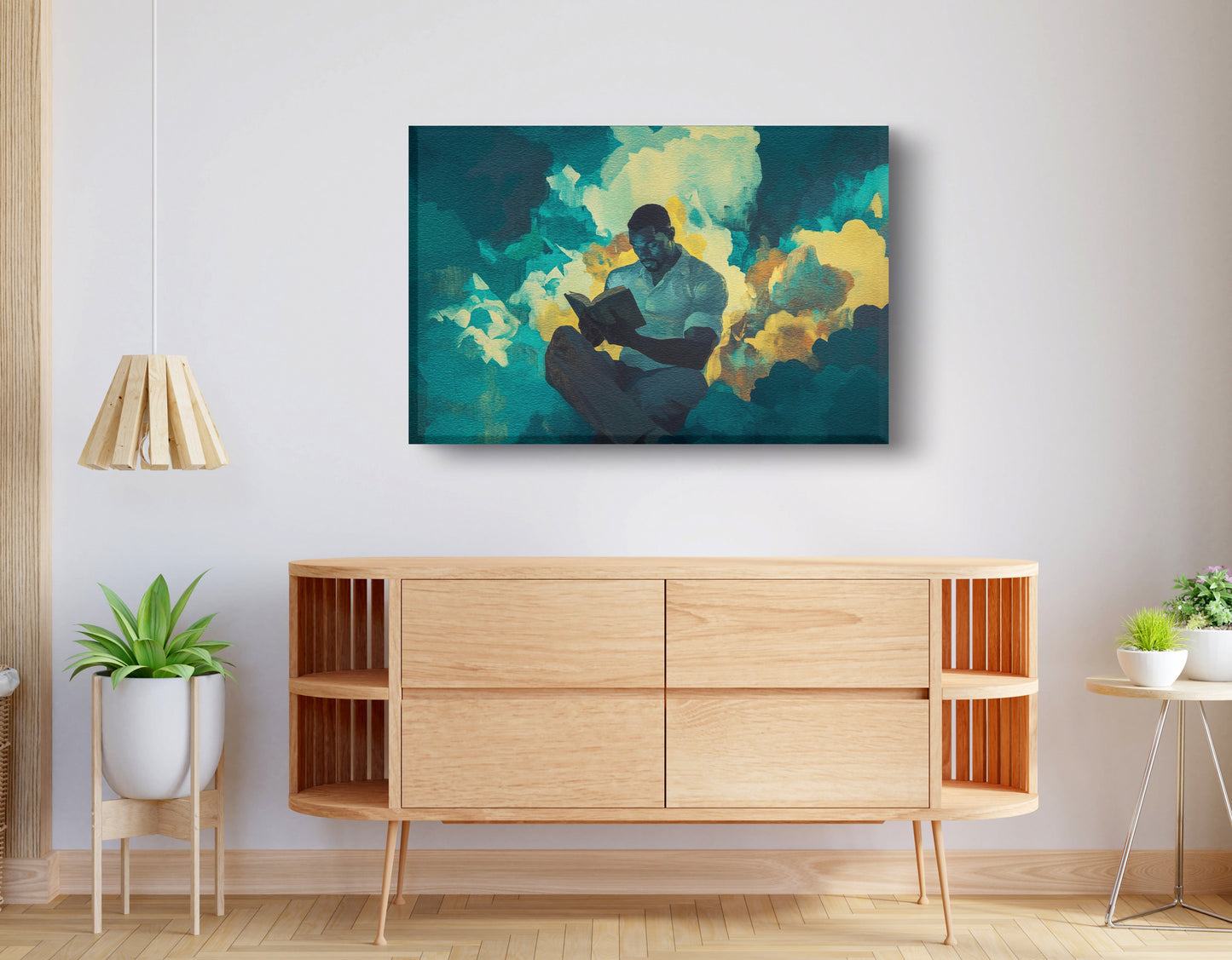 Black Man Reading Cloudscape African American wall art displayed as living room wall decor