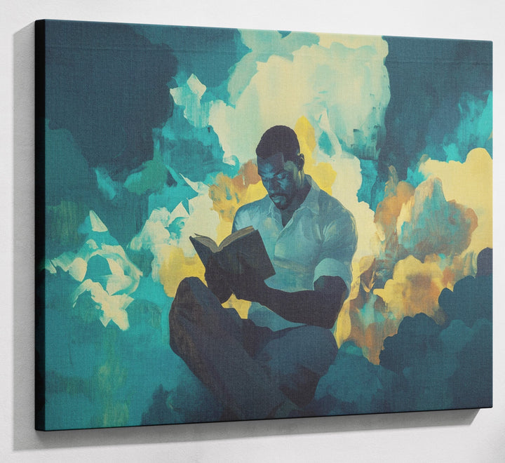 Black Man Reading Cloudscape African American wall art canvas print with visible wall art format