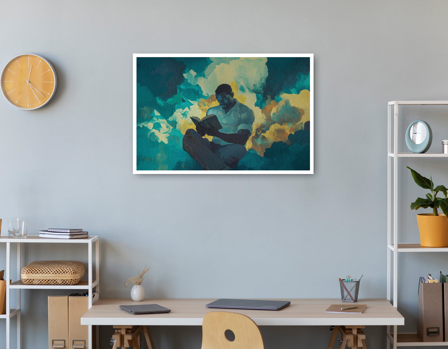 Black Man Reading Cloudscape African American wall art print view