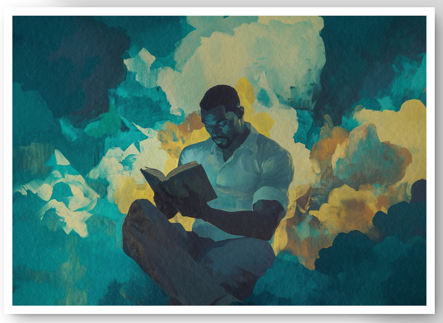 Black Man Reading Cloudscape African American wall art canvas print by MoomZee Artwork