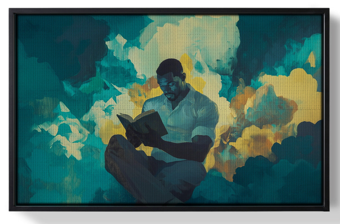 Framed Black Man Reading Cloudscape African American wall art for home decor