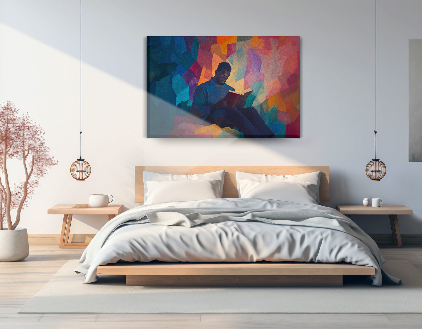 Black Man Reading Colorful African American wall art displayed as bedroom wall decor