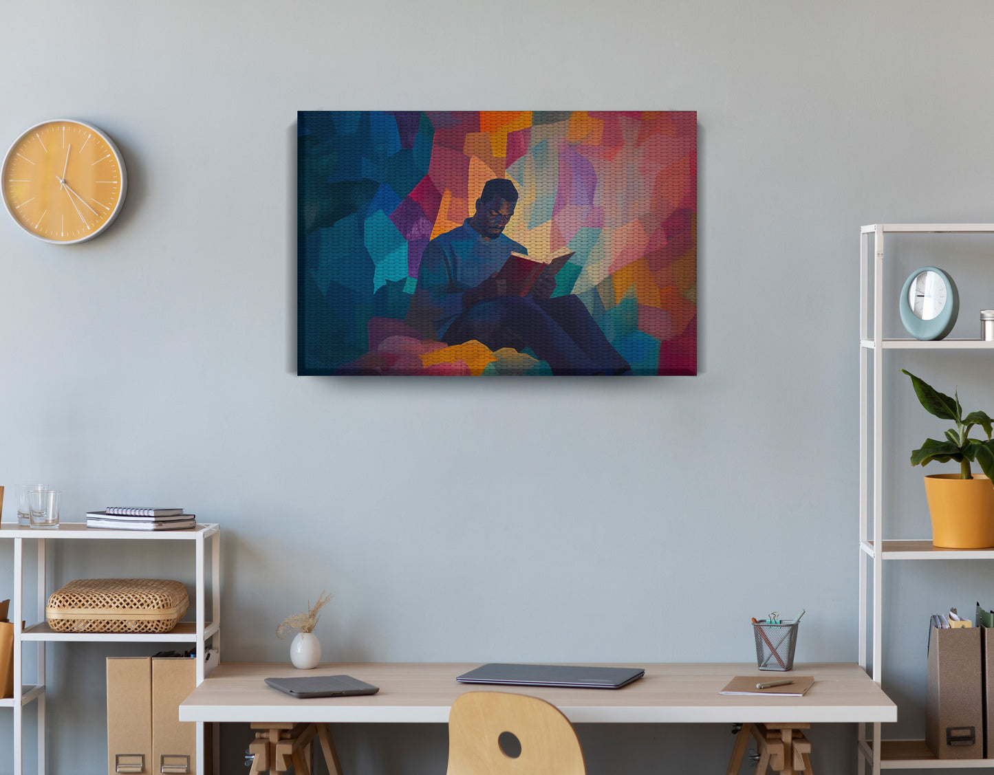 Black Man Reading Colorful African American wall art displayed as office wall decor