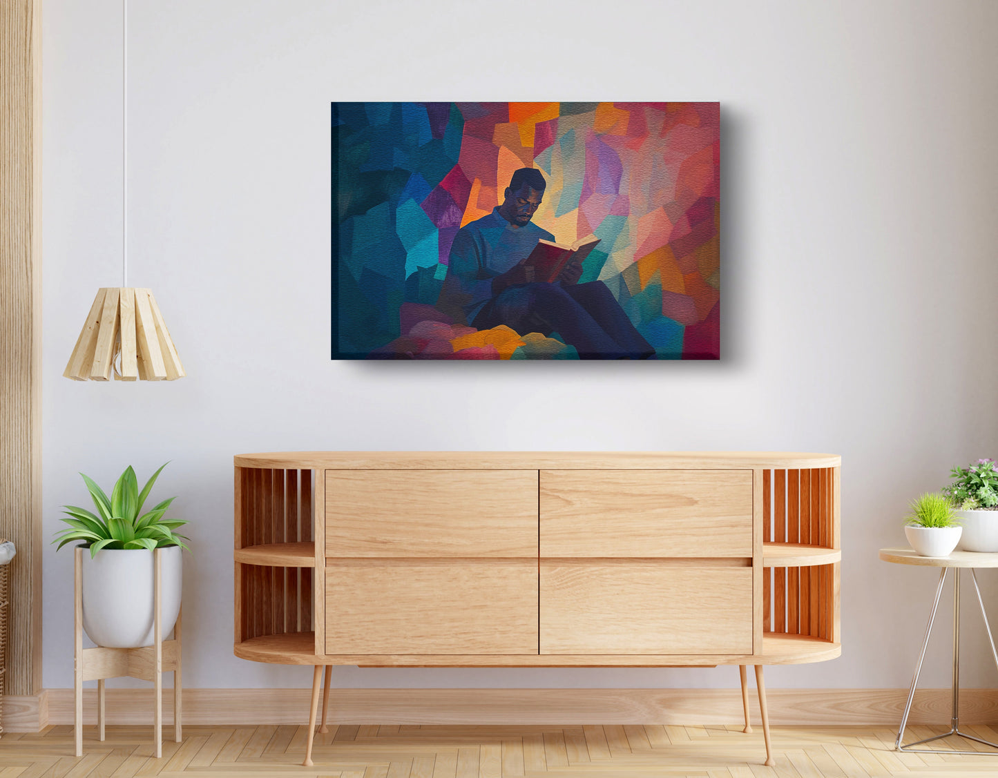 Black Man Reading Colorful African American wall art displayed as living room wall decor