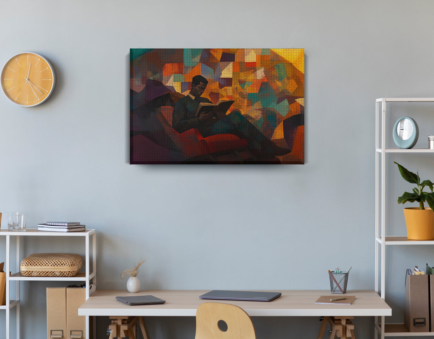 Black Man Reading Abstract African American wall art displayed as office wall decor