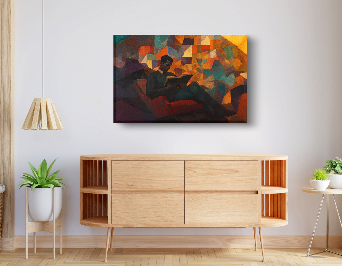 Black Man Reading Abstract African American wall art displayed as living room wall decor