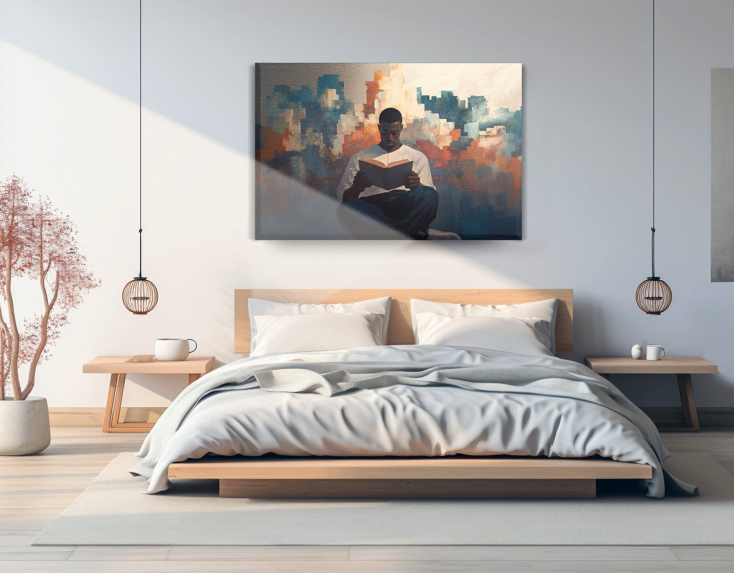 Black Man Reading Cityscape African American wall art displayed as bedroom wall decor