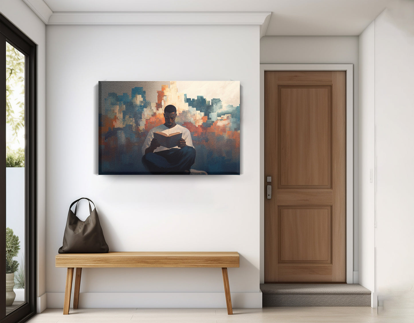 Black Man Reading Cityscape African American wall art displayed as entryway wall decor