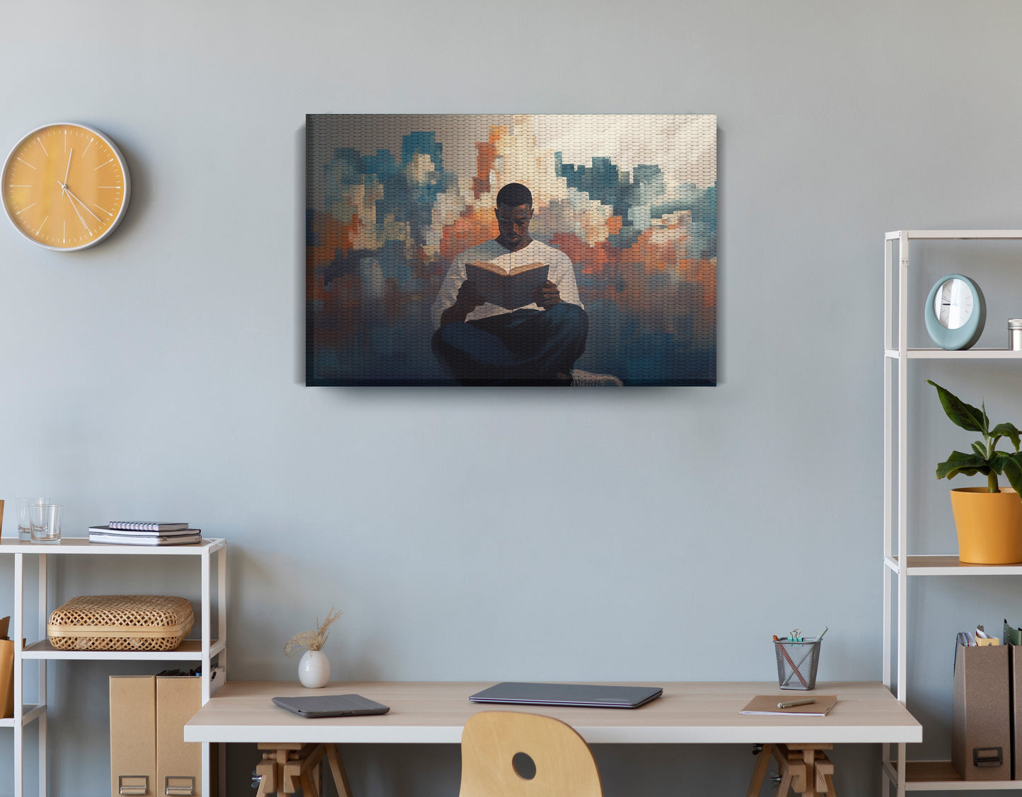 Black Man Reading Cityscape African American wall art displayed as office wall decor