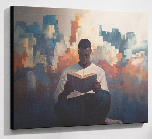 Black Man Reading Cityscape African American wall art canvas print with visible wall art format