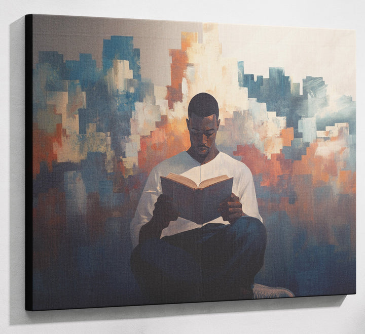 Black Man Reading Cityscape African American wall art canvas print with visible wall art format