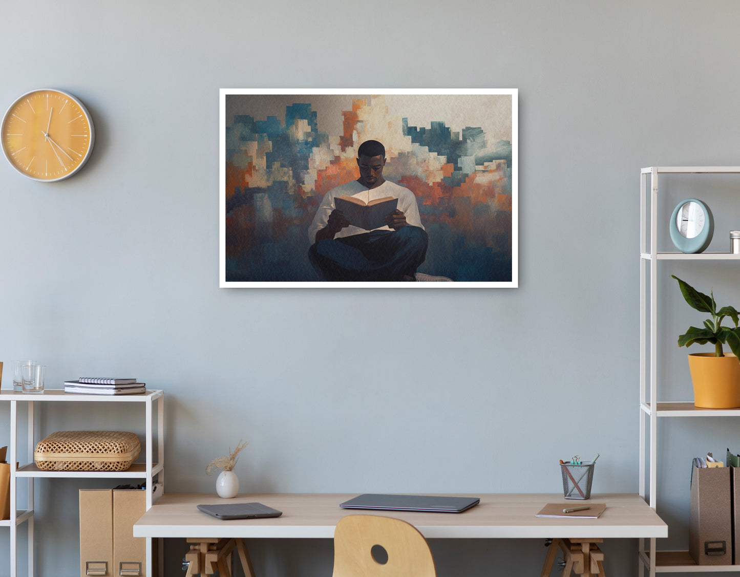 Black Man Reading Cityscape African American wall art print view