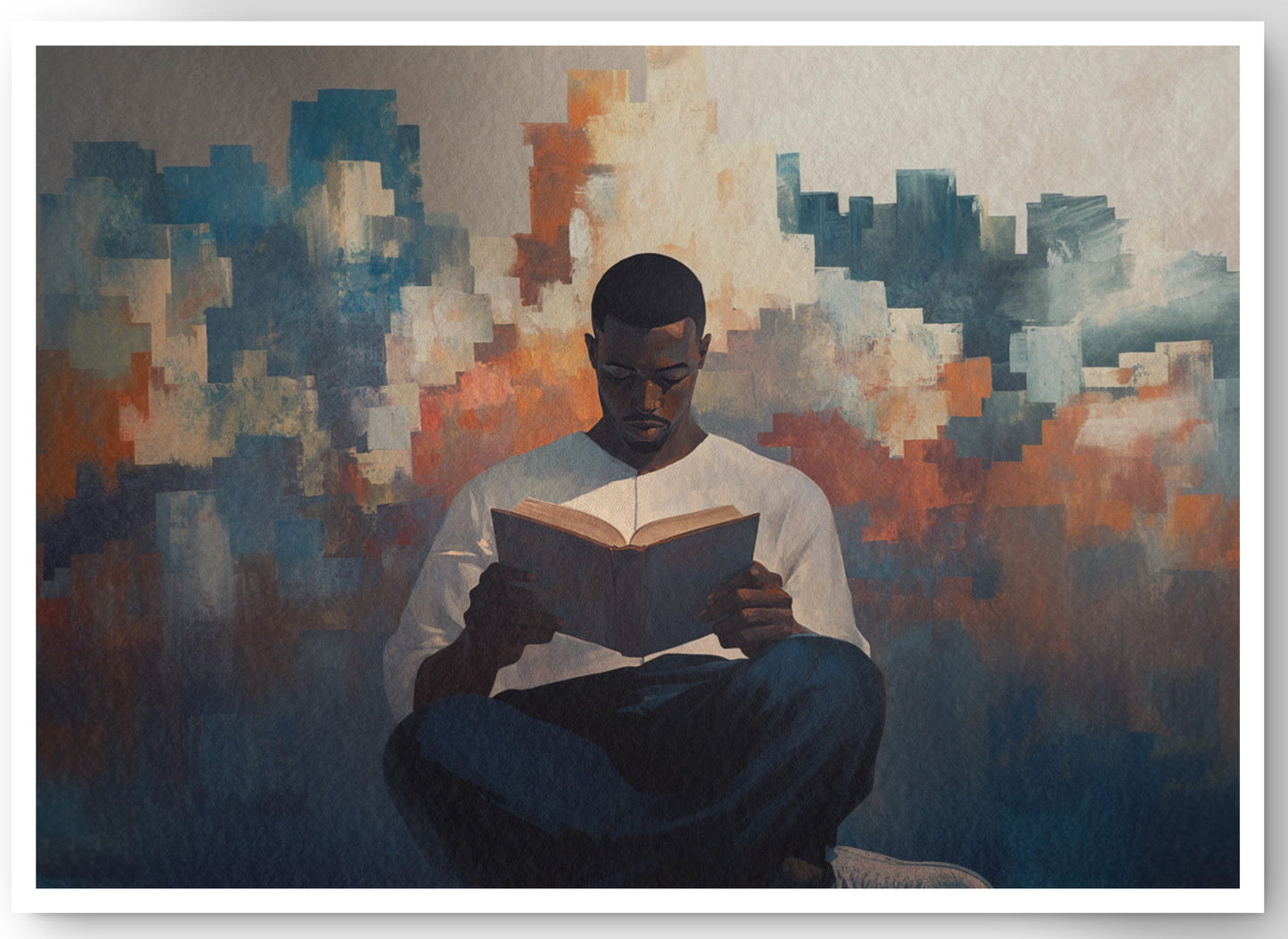 Black Man Reading Cityscape African American wall art canvas print by MoomZee Artwork