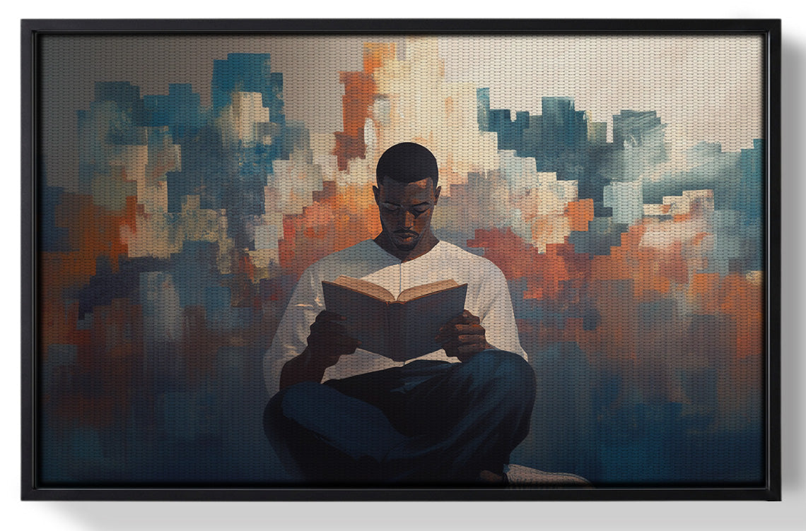 Framed Black Man Reading Cityscape African American wall art for home decor