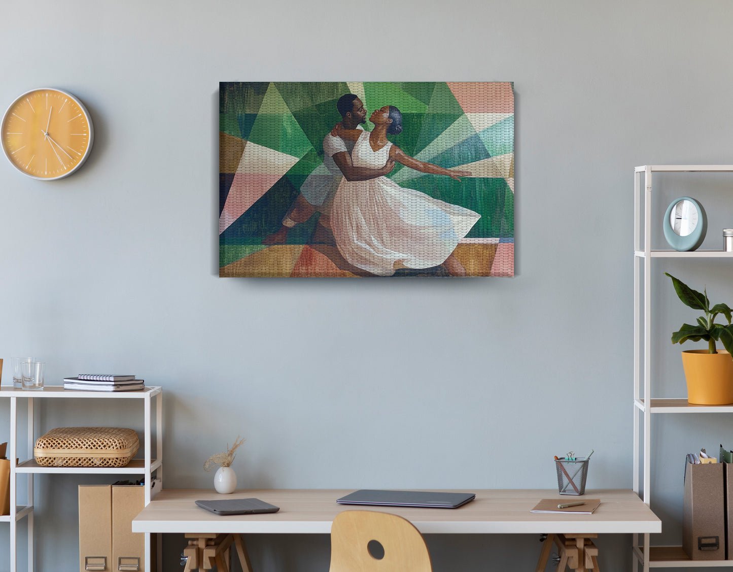 Black Couple Dancing Black love wall art displayed as office wall decor