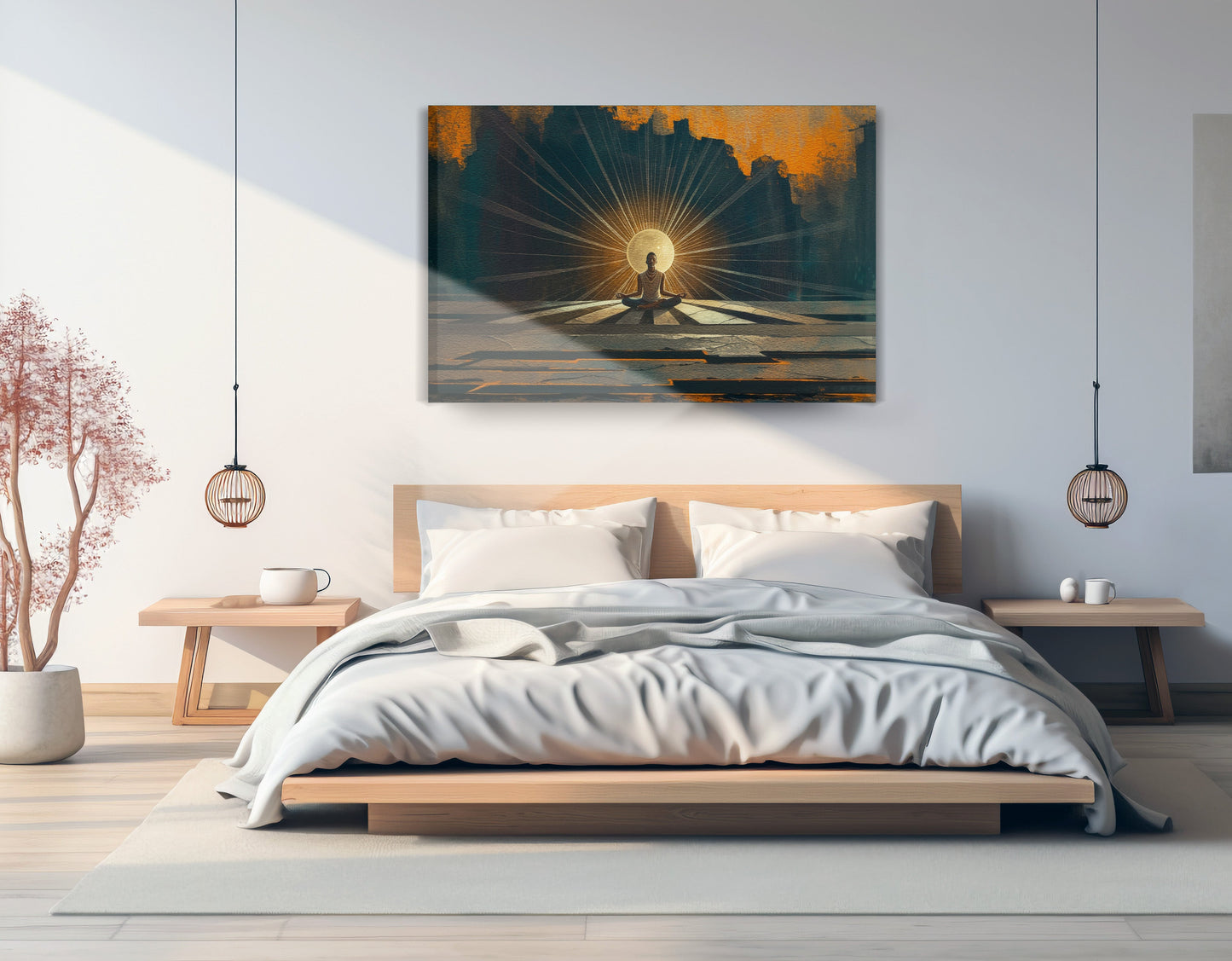Black Woman Meditation Sunburst African American wall art displayed as bedroom wall decor