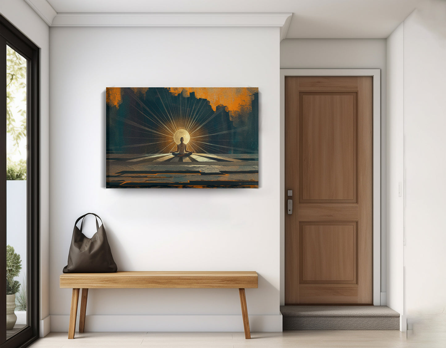 Black Woman Meditation Sunburst African American wall art displayed as entryway wall decor