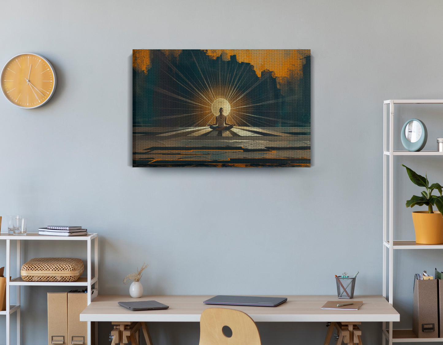 Black Woman Meditation Sunburst African American wall art displayed as office wall decor