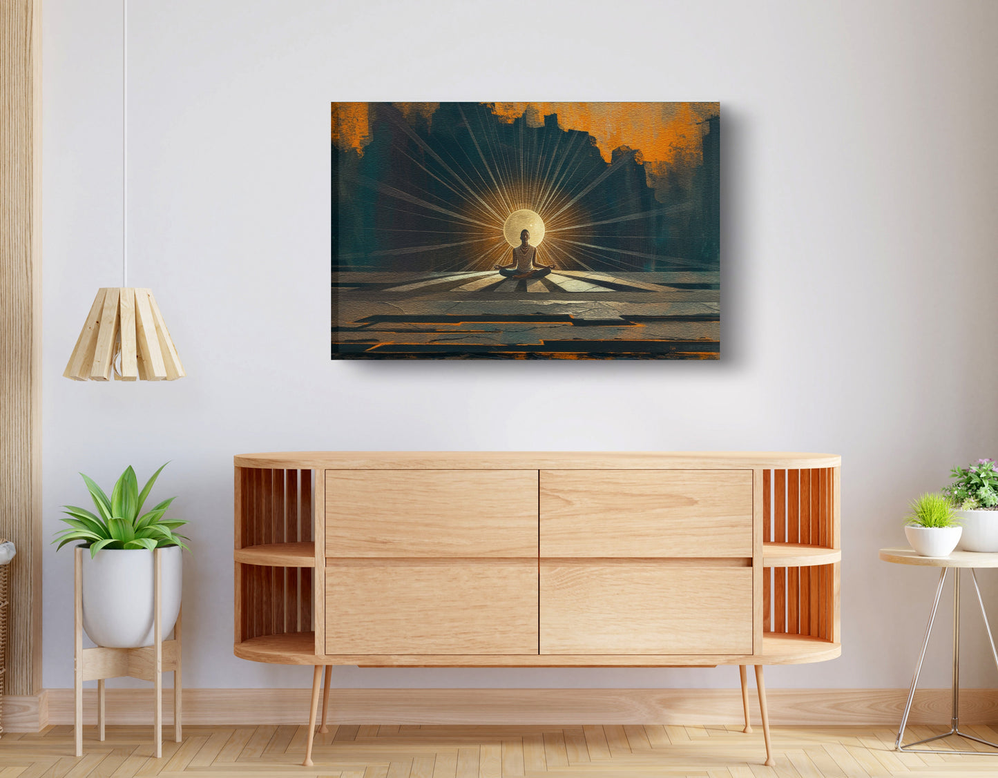Black Woman Meditation Sunburst African American wall art displayed as living room wall decor