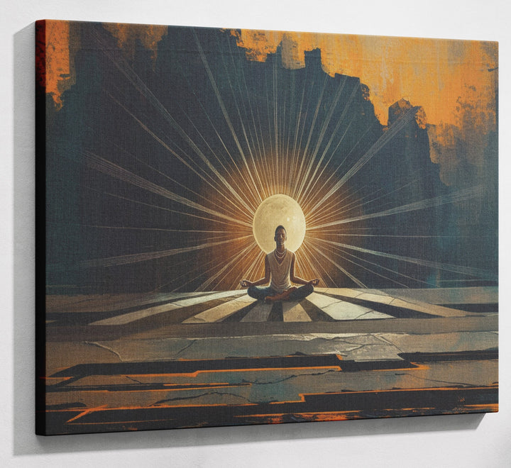 Black Woman Meditation Sunburst African American wall art canvas print with visible wall art format