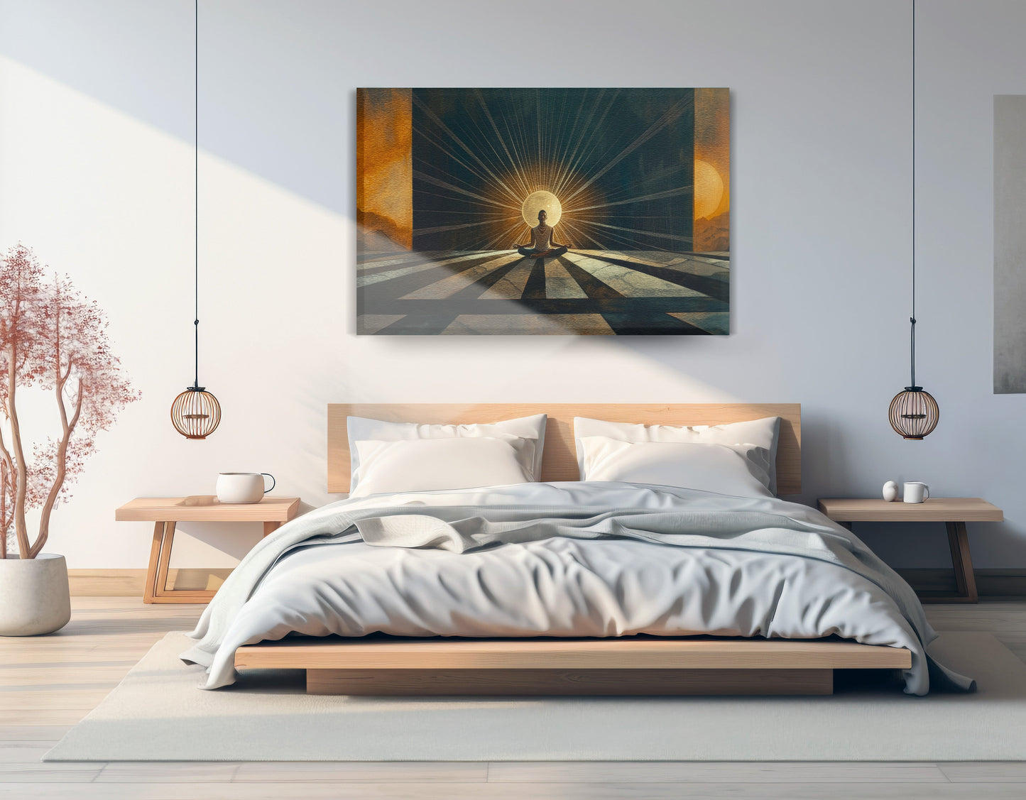 Black Woman Sunrise Meditation African American wall art displayed as bedroom wall decor