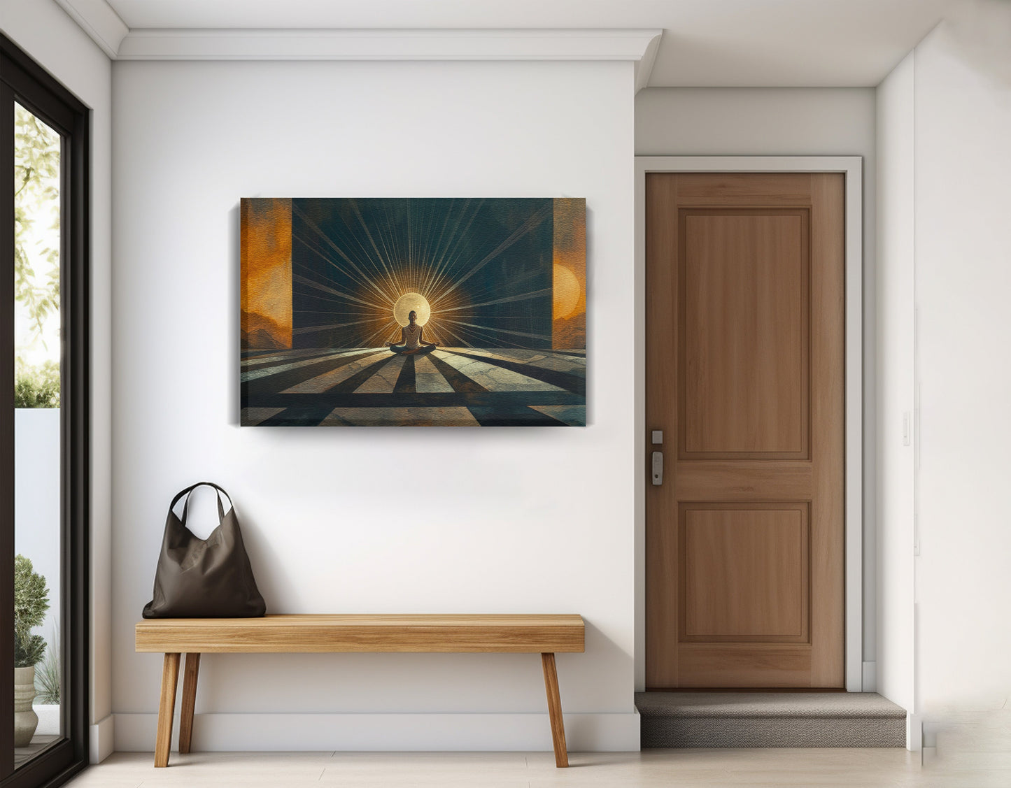 Black Woman Sunrise Meditation African American wall art displayed as entryway wall decor