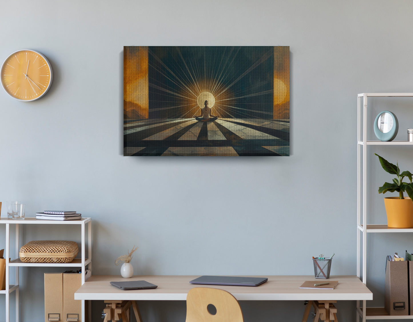 Black Woman Sunrise Meditation African American wall art displayed as office wall decor