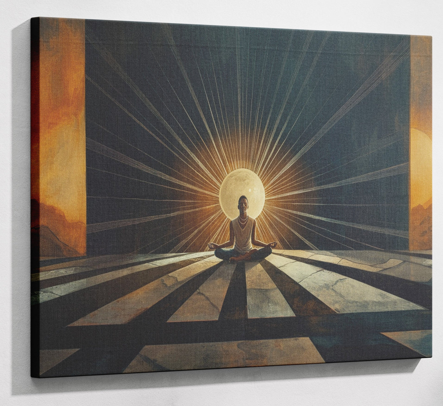 Black Woman Sunrise Meditation African American wall art canvas print with visible wall art format