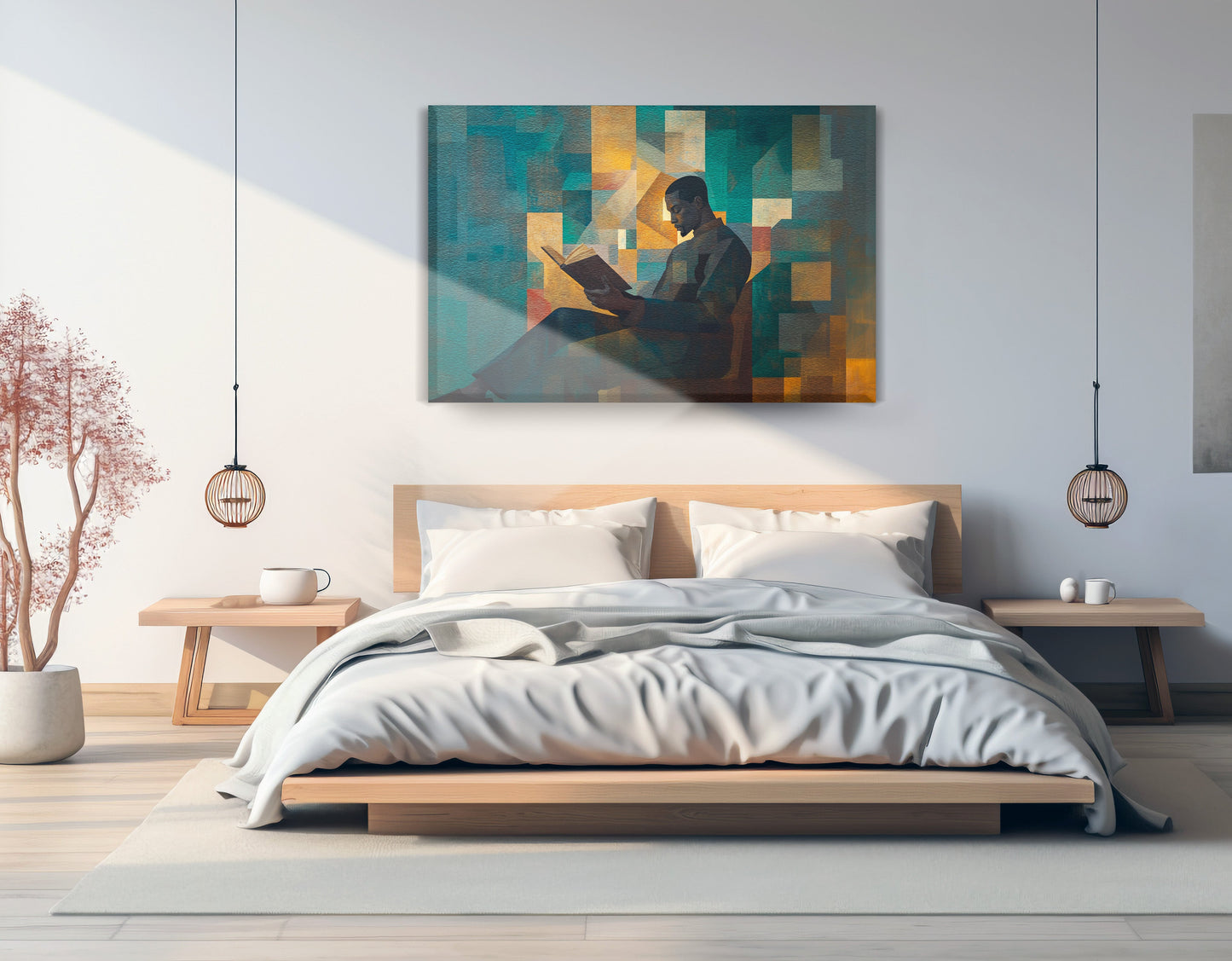 Black Man Reading Teal Abstract African American wall art displayed as bedroom wall decor