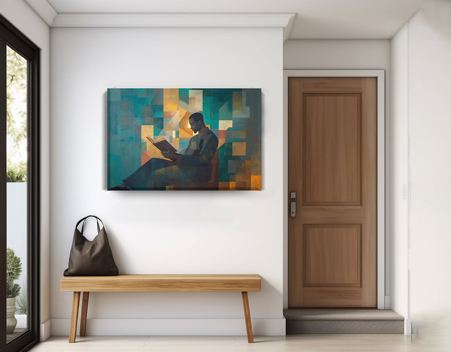 Black Man Reading Teal Abstract African American wall art displayed as entryway wall decor