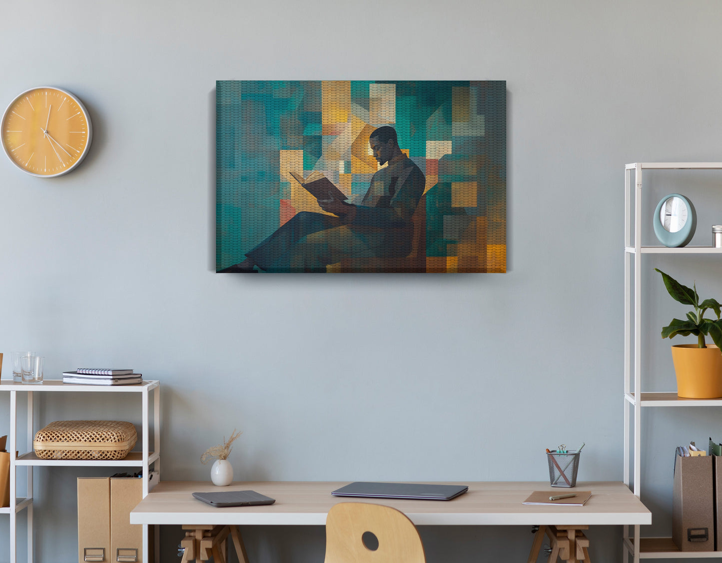 Black Man Reading Teal Abstract African American wall art displayed as office wall decor